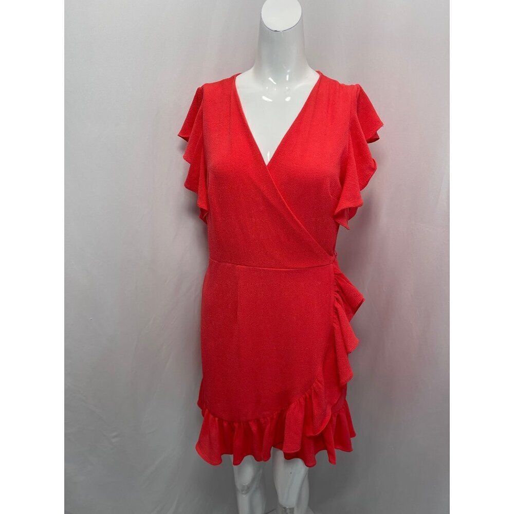 Adrienne Women Bright Red Short Sleeve Ruffle Wrap Dress Size S